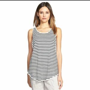 NEW EILEEN FISHER White Black Fine Linen Crepe Stripe Knit Long Tank‎ Top Small